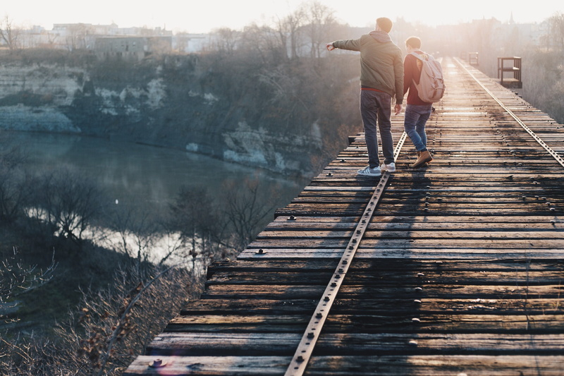 backpacker, near, two people, boy, couple - relationship, nature, men, sunlight, brown, hike, people, lake, architecture, water, outdoors, man, walking