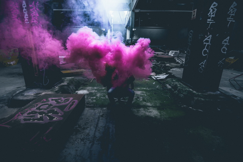 flower, city, graffiti, warehouse, sitting, pink color, inside, architecture, building, covered, silhouette, 5K, outdoors, leisure activity, factory, industrial