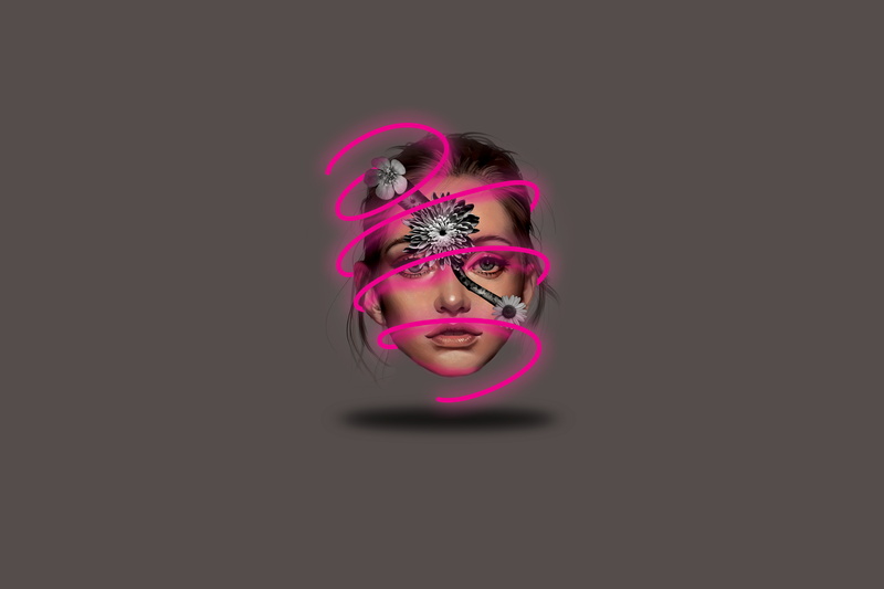 _flowerbomb_, neon, headless, floating, 8K, poster, Photoshop, BandW speakers