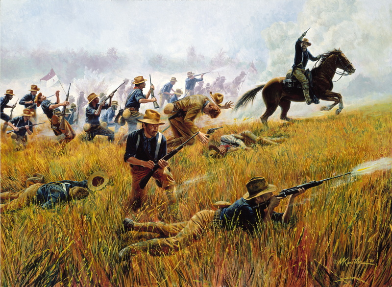 war, 1898 -- With the declaration of war with Spain in April, horse, Kettle Hill, Santiago, Rough Riders by Mort Kunstler, July 1, Cuba, 4K, cowboy