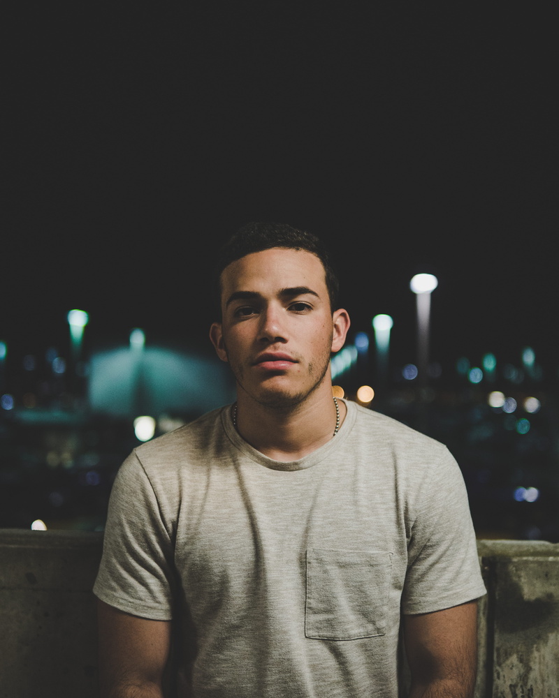 4K, lifestyles, contemplation, colored, shirt, night, casual clothing, gray, man, concrete, behind, wearing, t, t shirt, young adult, young men, ball
