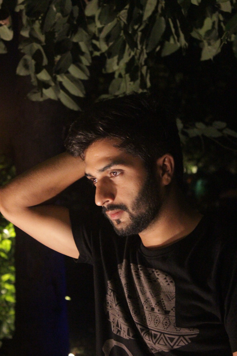 night time, green, leisure activity, happy, creative shooting, front view, looking away, youth, portrait, lifestyles, young men, beard, male, healthy, tree