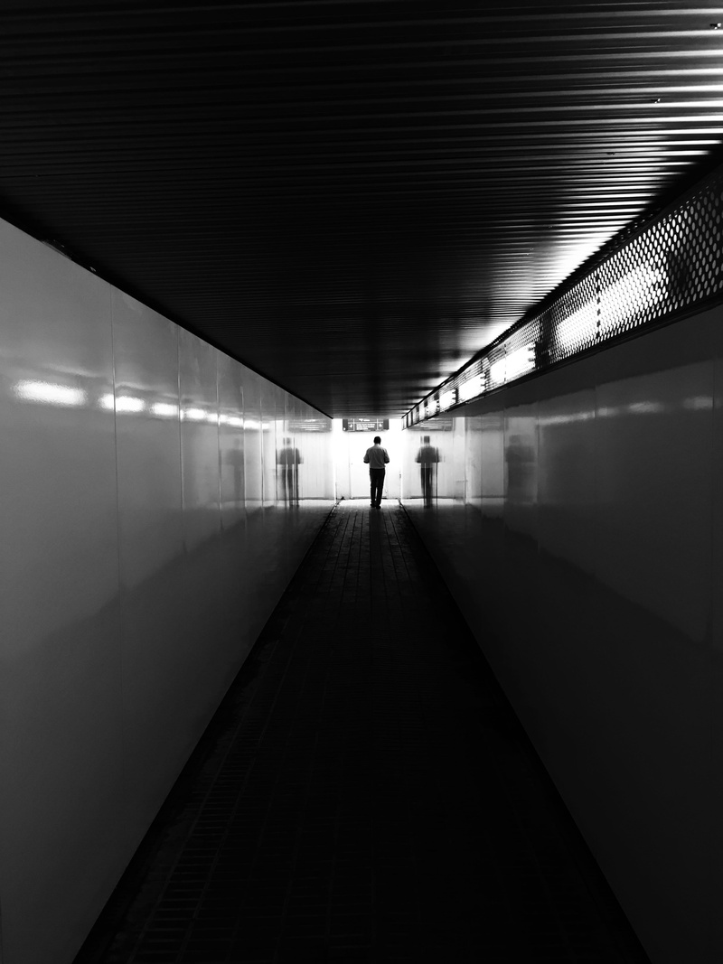 dark, light, ceiling, two people, transportation, indoors, 4K, diminishing perspective, person, the way forward, man, architecture, alleyway, subway, darkness