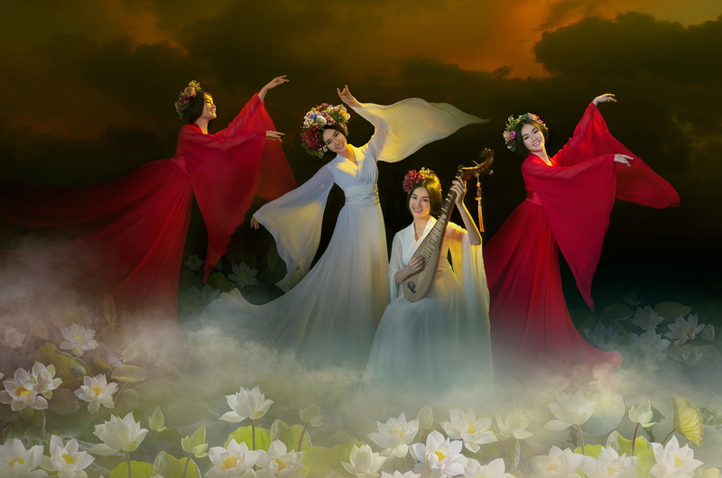 dancing, pose, dance, flowers, 1080P, background, clouds. the sky, poses, beauty, fog, nymphs, wreath, mood, art, East, nature, Asian girls, music, dress