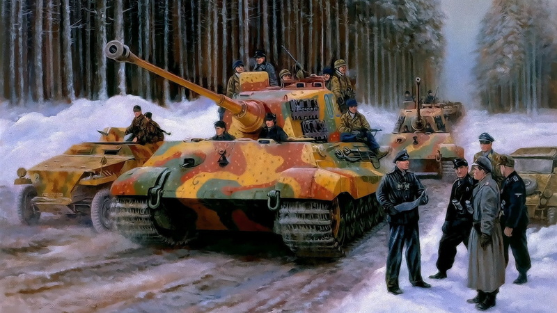 men, painting, land vehicle, battle, group of people, architecture, clothing, cold temperature, city, transportation, mode of transportation, Tank, real people
