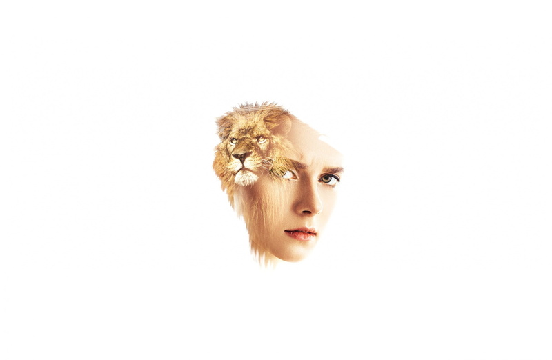 Lion, Wild, cut out, Aero, copy space, Girl, White, 1080P, blond hair, headshot, beauty, white background, studio shot, looking at camera, close-up, hairstyle