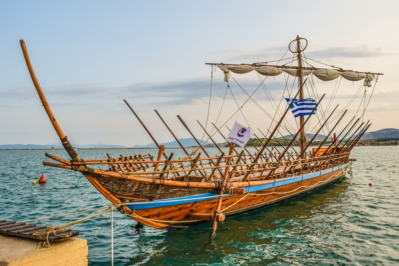 transportation, pole, wooden, nautical vessel, greek, dock, history, day, horizon over water, moored, greece, mast, boat, fishing industry, ancient, cloud - sky