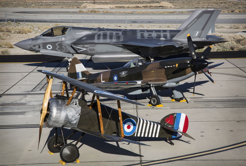 Camel (replica), F-35B, fighters, 1080P, Spitfire Mk. XIV