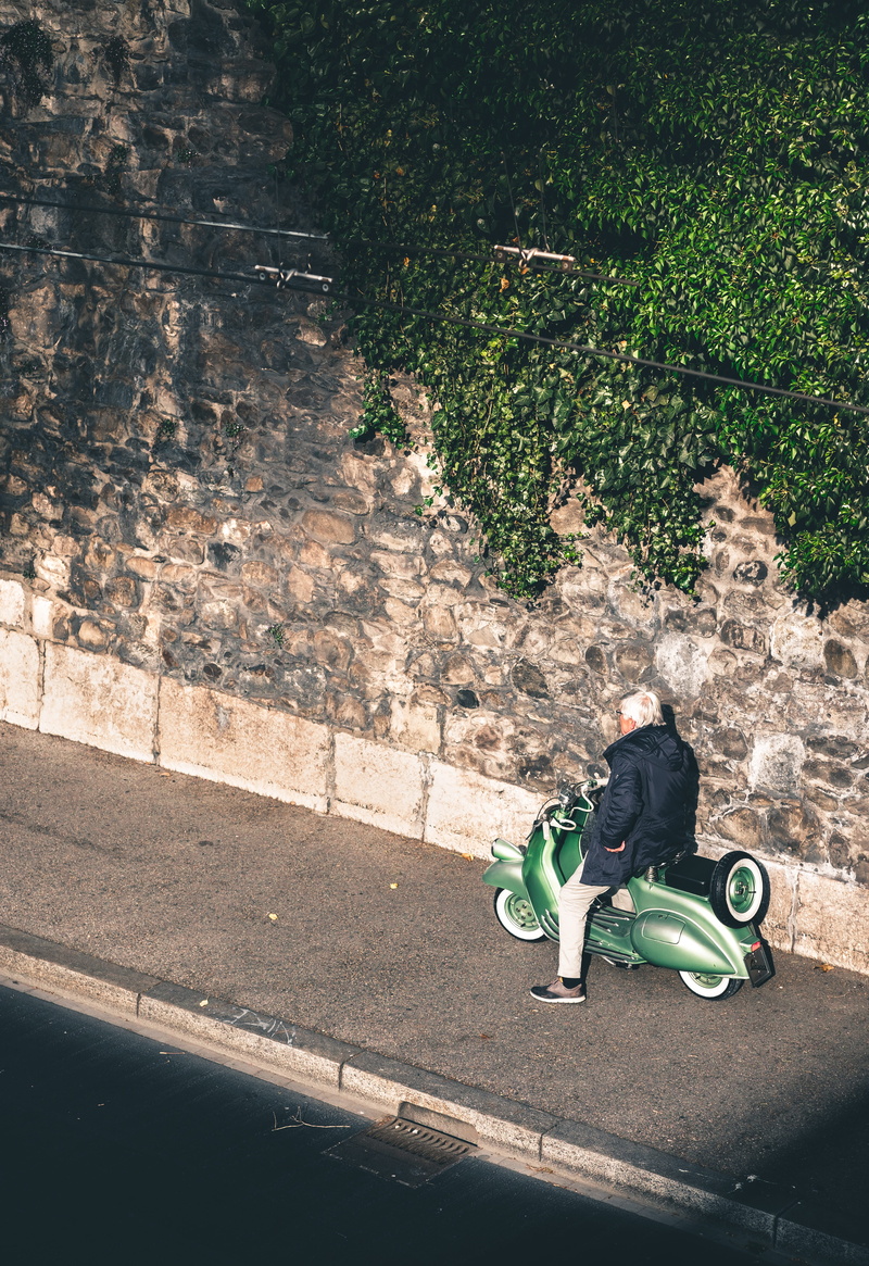 casual clothing, motorbike, landslide, vespa, scooter, sunlight, motor, switzerland, nature, males, footpath, moped, real people, canal, outdoors, vehicle