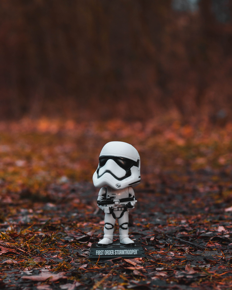 selective focus, actionfigure, gravel, outdoors, movies, ground, road, trooper, fight, change, land, soil, focus on foreground, skeleton, bone, toy, nature