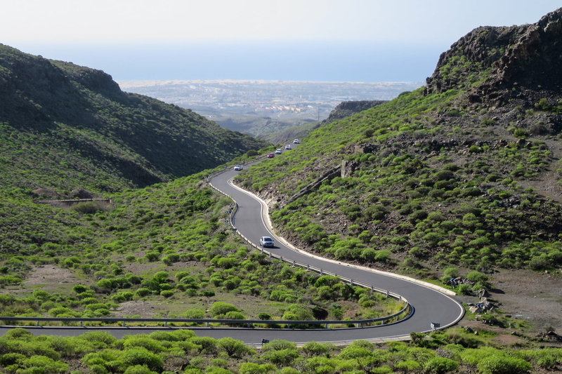 canary islands, environment, curve, high angle view, highway, non-urban scene, mountain road, tarmac, outdoors, 1080P, no people, landscape, sky, plant