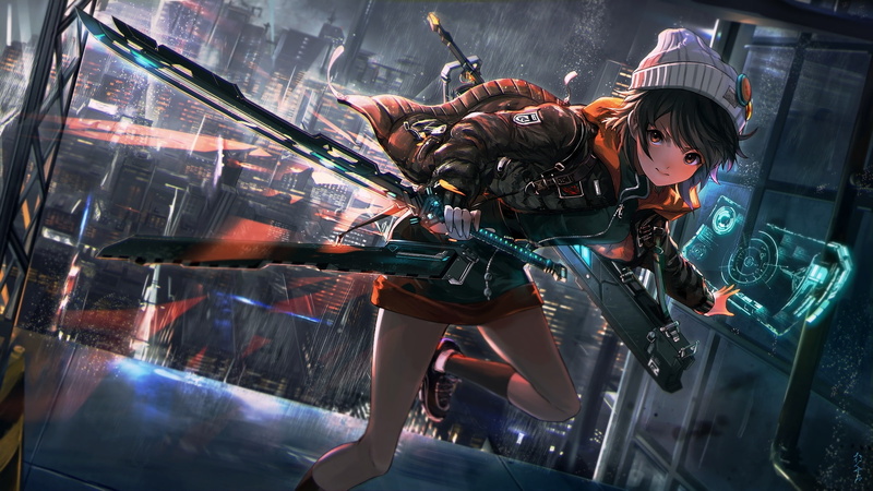 raining, Anime, 1080P, indoors, three quarter length, sci-fi, young women, full length, adult, waist up, jump, women, beanie, uniform, cityscape, one person
