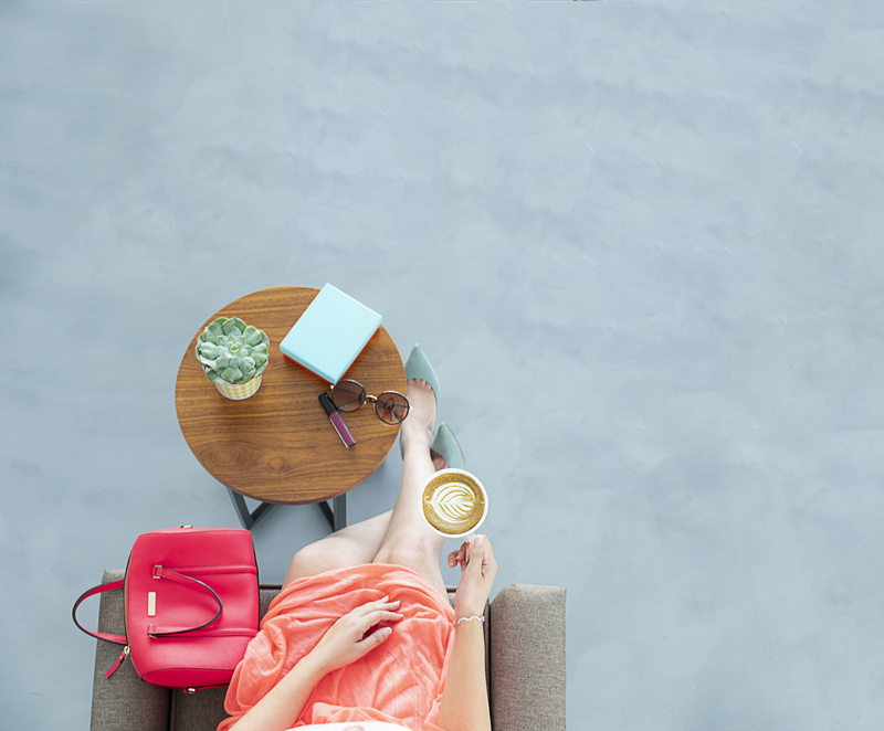wearing, girl, sitting, purse, holding, peach, day, woman, skirt, cup, high angle view, wear, no people, sofa, ribbon, shoe, copy space, coffee, fashion