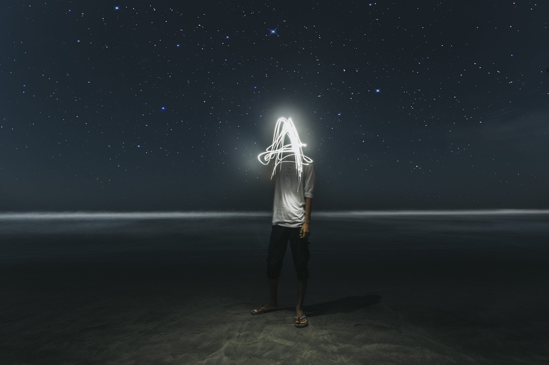 letter a, space, astronomy, horizon over water, a, craetive perspective, line, star field, one person, galaxy, sky, night time, person, illuminated, seashore