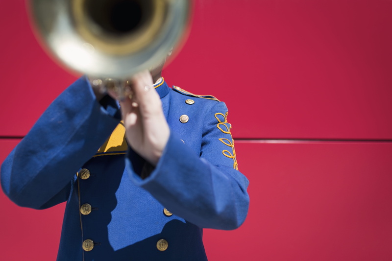 trumpet, award, colored background, occupation, man, faceless, suit, pride, copy space, men, musical instrument, holding, well-dressed, performance, males