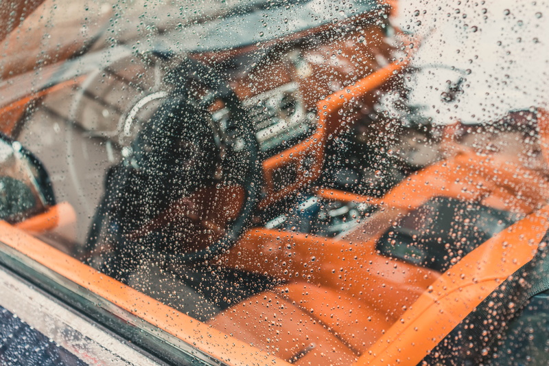 vehicle, outdoors, dashboard, motor vehicle, wet, droplet, photo, dew, classic car, car, cleaning, 5K, drop, rain, day, reflection, nature, leather seat
