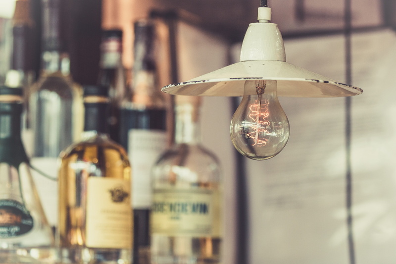 wine, drinks, close-up, 4K, bar, light, light bulb, bottle, bulb, group of objects, focus on foreground, hanging, container, glass - material, built structure