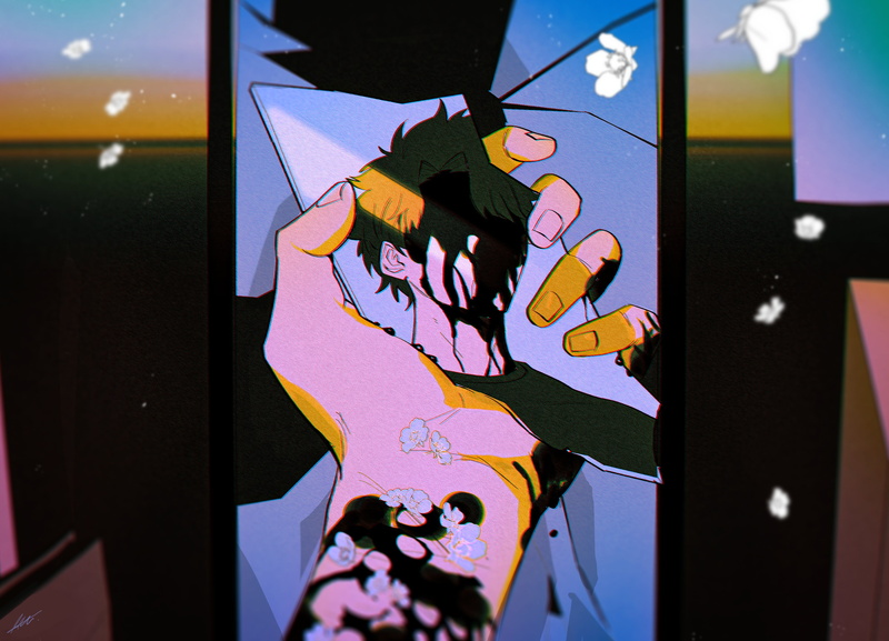 4K, short hair, broken glass, flowers, brunette, anime, sunset, anime boys, mirror