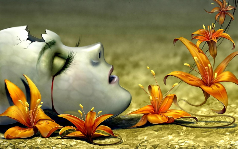 drawing, 1080P, digital art, lilies, Closed Eyes, Open Mouth, face, crying, Broken, flowers, blood