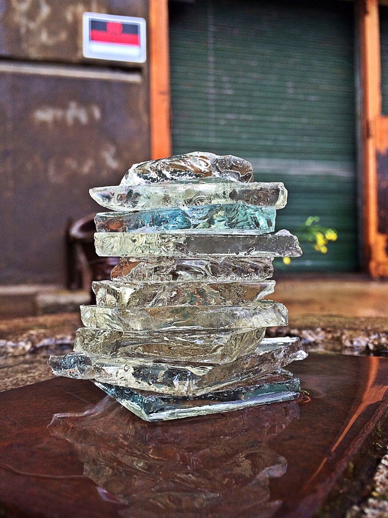 shards, factory, built structure, metal, day, balance, table, glass - material, still life, stack, pattern, wood - material, broken glass, 2K, stacked