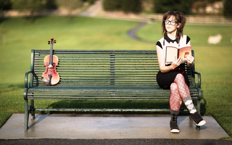 bangs, emotion, outdoors, park bench, full length, 2K, Lindsey Stirling, lifestyles, adult, two people, childhood, child, bench, books, stockings, violin