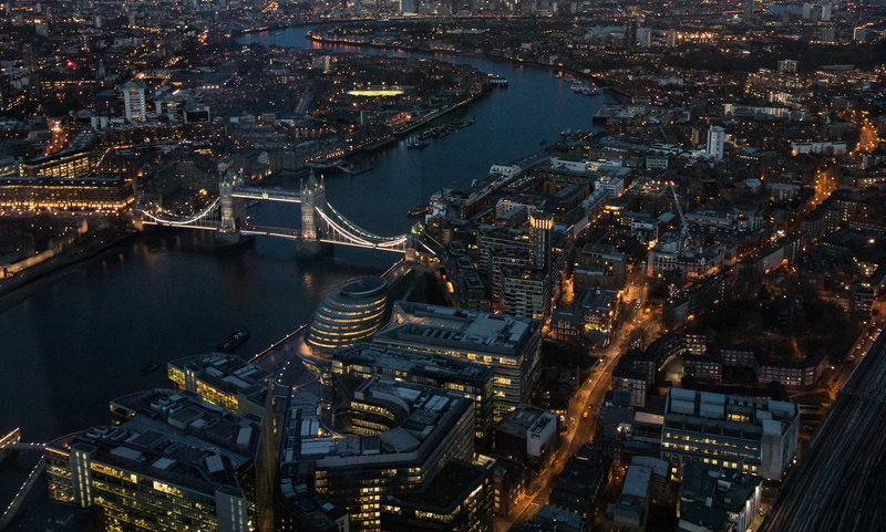 illuminated, aerial view, Tower Bridge, no people, town, transportation, road, intersection, office building exterior, city, metropolis, river, Bridge