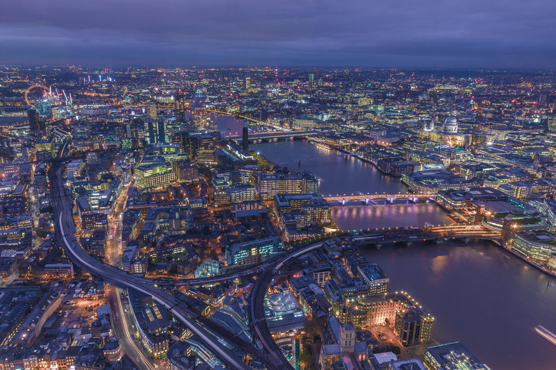 office building exterior, skyscraper, high, united kingdom, the shard, light, bridge - man made structure, dusk, above, no people, outdoors, connection