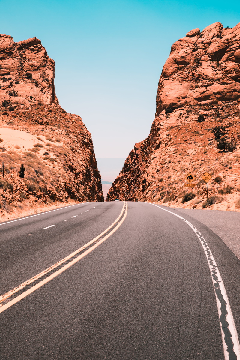 teal, rock - Object, orange, highway, rural Scene, roadtrip, 4K, uSA, formation, dry, beauty In Nature, color, dividing Line, landscape, extreme Terrain
