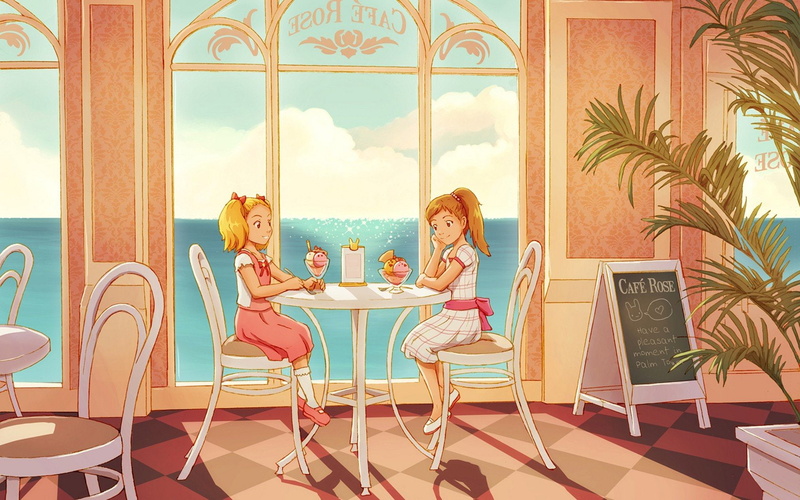 720P, panes, lunch, cream, tables, ice, girls, cafe, anime, window