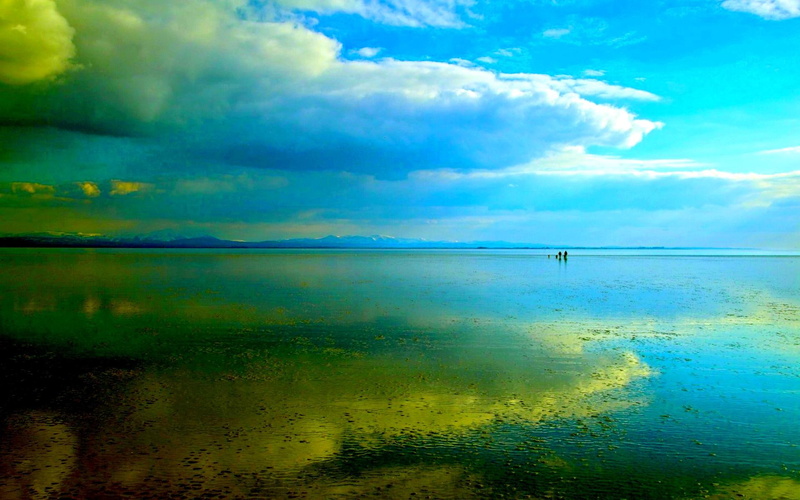 s, shallow, lake, nature and landscapes, people, nature, shore, mirror, reflection, 1080P, clouds