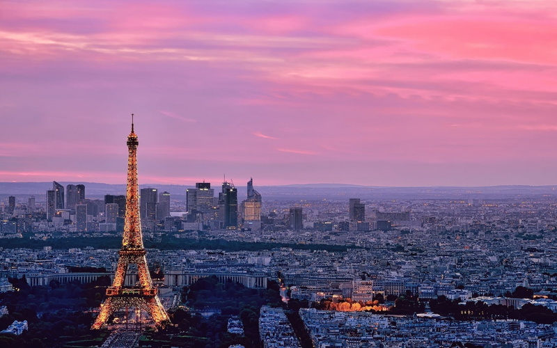 no people, travel destinations, built structure, tourism, sunset, skyscraper, tower, outdoors, building, 1080P, purple, financial district, cityscape