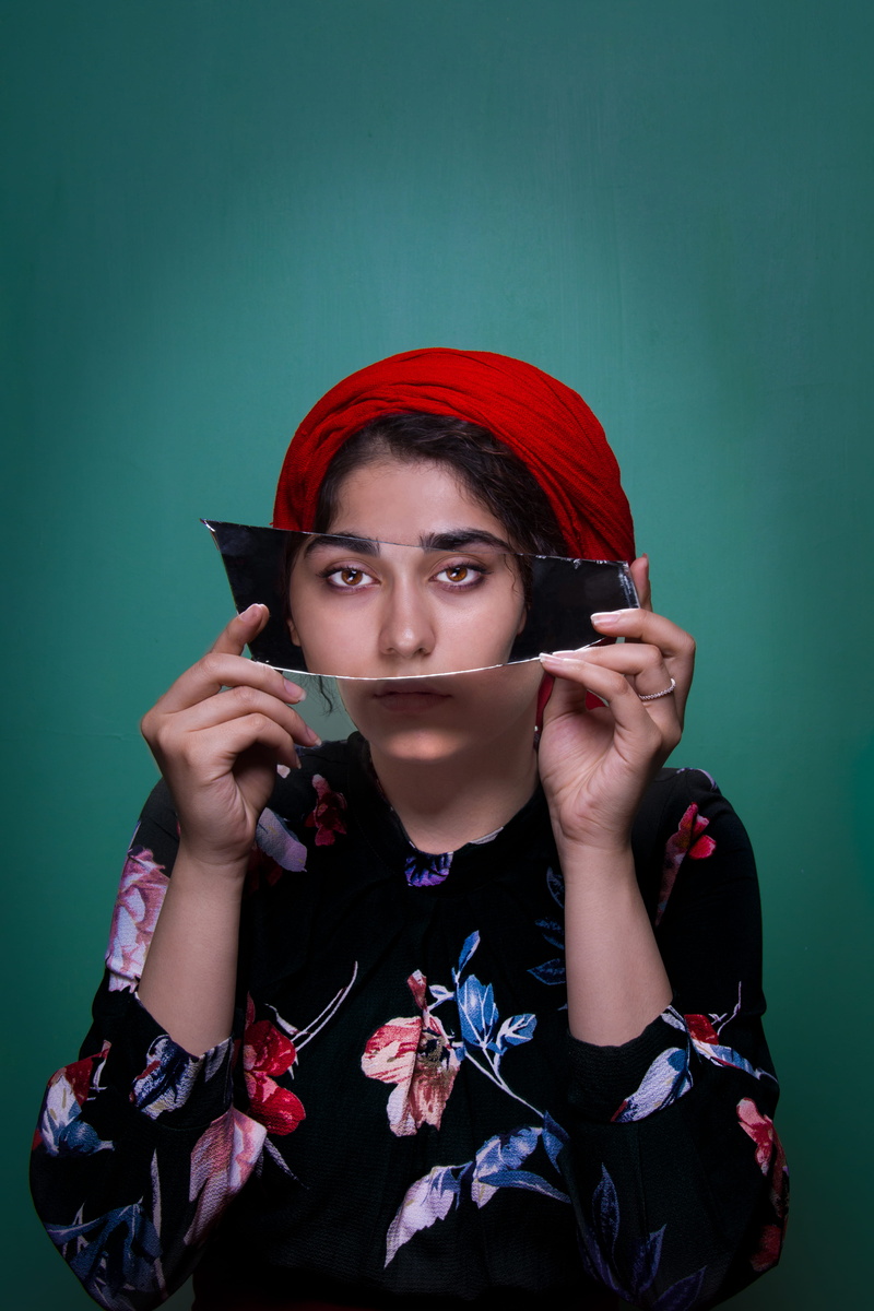 mirror, bohemian, young Adult, talking, using Phone, mobile Phone, conceptual, fun, red, beauty woman, listening, headscarf, green background, telephone