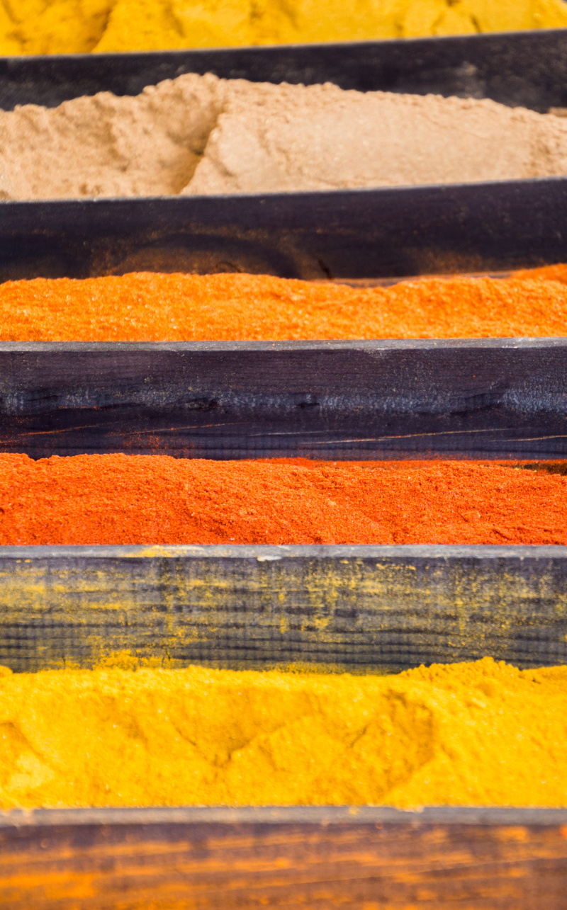 indoors, day, powder, chili, color, paprika, choice, sage, market, taste, market stall, curry powder, yellow, wellbeing, saffron, in a row, backgrounds