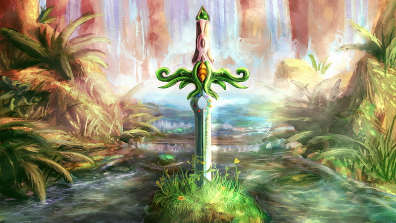 river, Secret of Mana, 1080P, video games, plants, grass, painting, sword, water, mountains