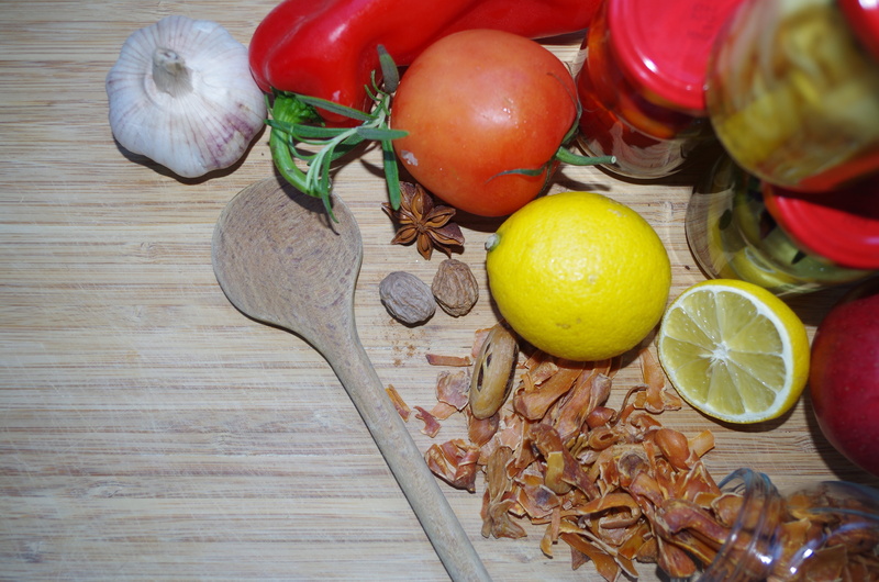 mace, tomato, food and drink, wellbeing, healthy eating, vegetable, freshness, bottled, preparing food, high angle view, ingredient, 4K, lemon, indoors