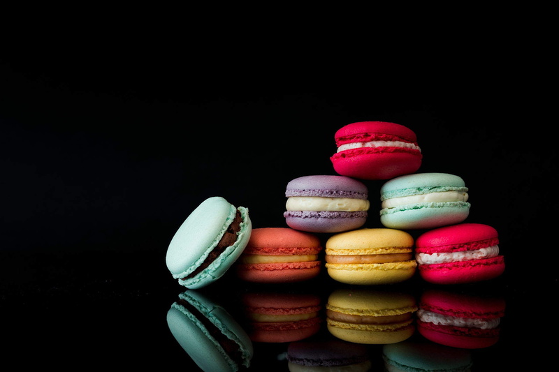 1080P, indoors, black background, sweet food, still life, macaroon, studio shot, sweet, close-up, stack, temptation, freshness, collection, baking, ready-to-eat