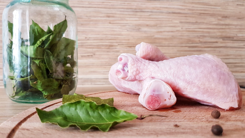 seasoning, wood, no people, appetizing, chicken legs, tree, poultry meat, preparation, spice, plant part, leaf, glass, indoors, cooking, healthy eating