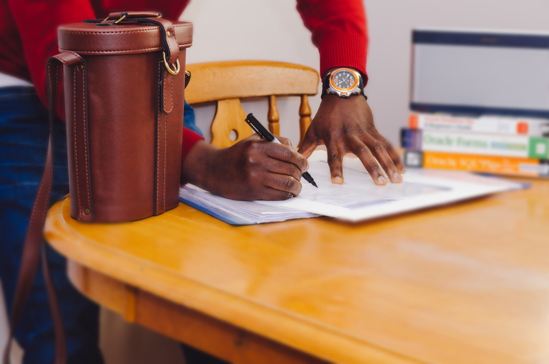 standing, bag, business, 4K, sheets, watch, hand, chair, midsection, white, pen, signing, desk, work, furniture, student, people, hands, men, learning
