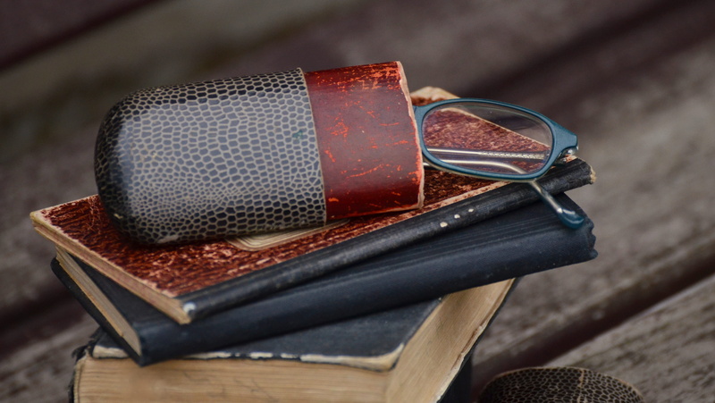 nostalgia, input device, literature, food, studio shot, indoors, piled, wood - material, books, silver colored, 4K, technology, eyeglasses, glasses case