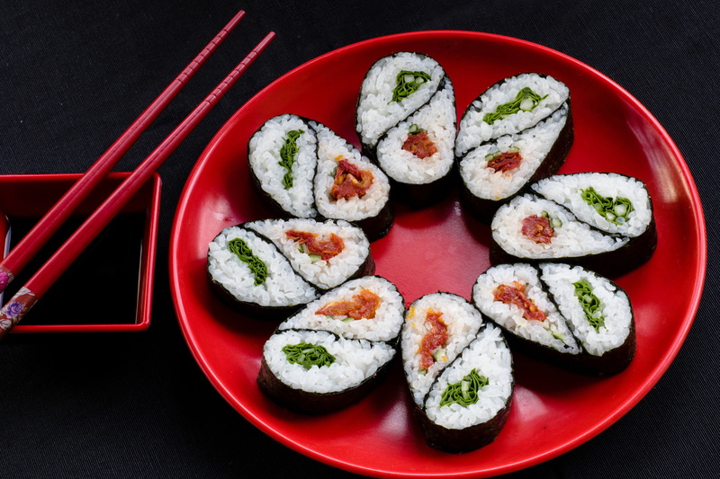 sushi, plate, freshness, rice - food staple, food and Drink, rice, food, still life, seafood, no people, indoors, black background, red, studio shot, tray