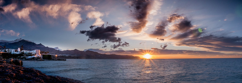 sky, sun, peaceful, land, nerja, lens flare, coastline, horizon, malaga, stillness, 5K, no people, holiday, panoramic, nature, beauty in nature, clouds