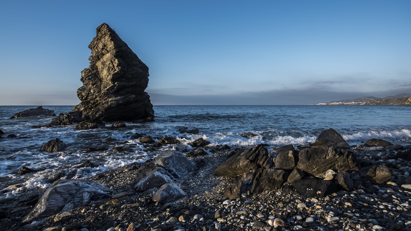 rocky coastline, motion, friar, wave, scenics, nerja, solid, outdoors, spain, rock formation, sea, land, tourism, horizon over water, coastline, andalusia