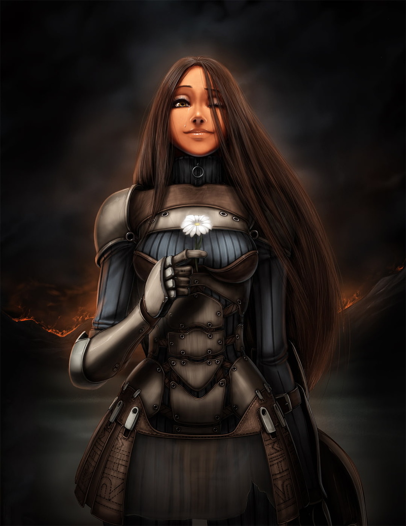 long hair, tears, Omar Dogan, 720P, flowers, brunette, fantasy armor