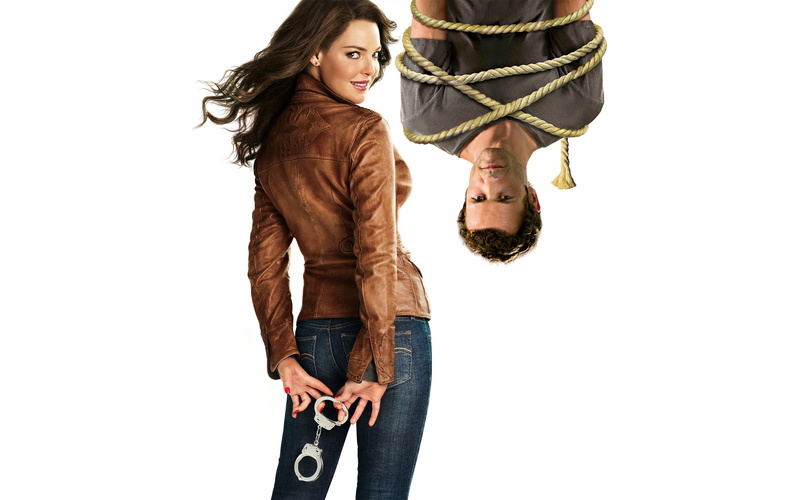 crime, jeans, upside down, smile, jacket, Katherine Heigl, white background, hanging, Jason Omar, Jason OMara, hairstyle, handcuffs, rope, brunette, Very dangerous thing