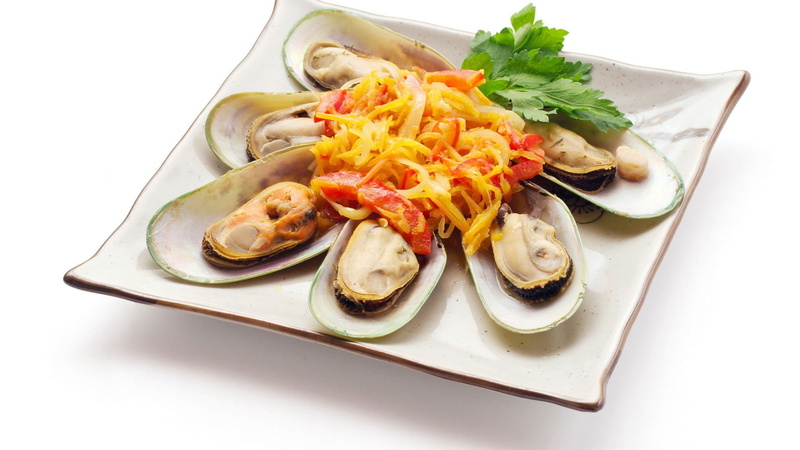 seafood, greens, plate, mussels, vegetables, 1080P