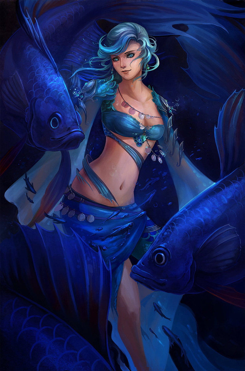 eyes, dress, hair, fish, 1080P, girl, blue, long, beautiful, fantastic, dance