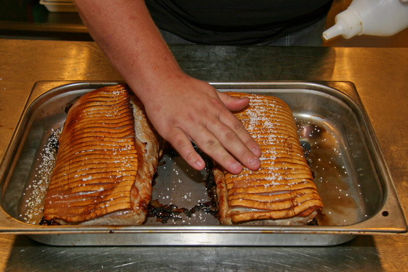 midsection, severe, pork, holding, Roast, salting, ready for serving, finger, freshness, chefs work, dining, close-up, high angle view, human body part