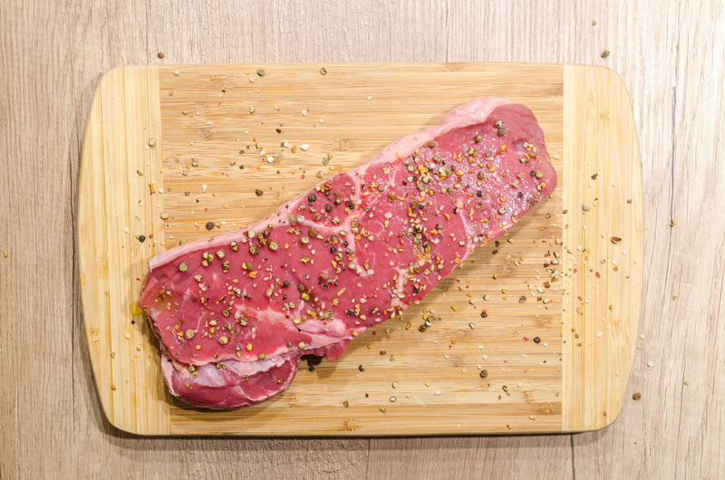 fillet, chopping board, cutting board, ready-to-eat, preparation, indoors, table, close-up, pepper, fresh, 4K, directly above, sirloin, herbs, freshness