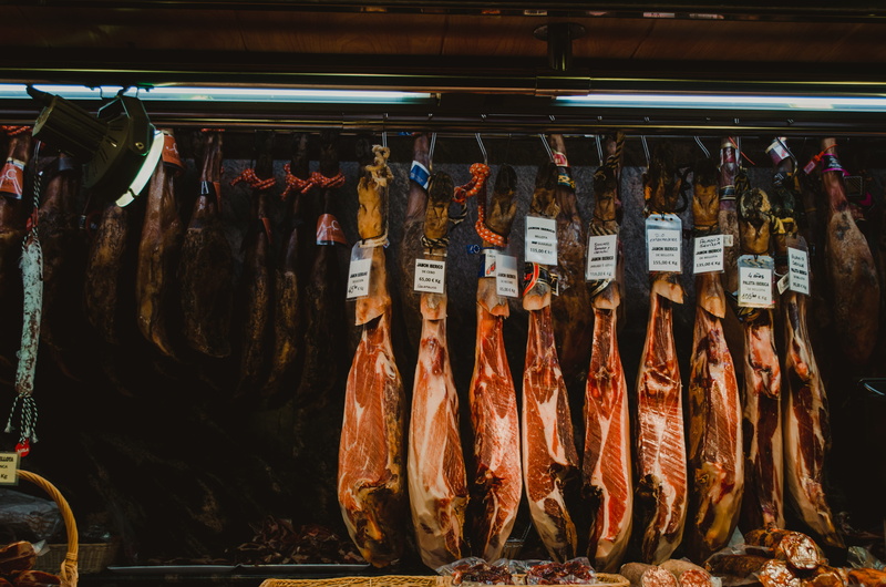 barcelona, metal, fresh, arrangement, in a row, retail, for sale, 4K, butcher, meat, photo, large group of objects, pork, raw, jamon, abundance, food