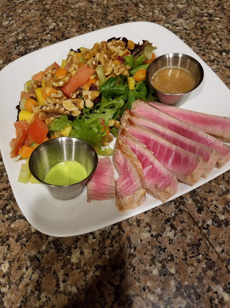 food and drink, meal, wellbeing, wasabi dipping sauces, seafood, still life, seared tuna, high angle view, soy ginger dipping sauce, indoors, plate, food